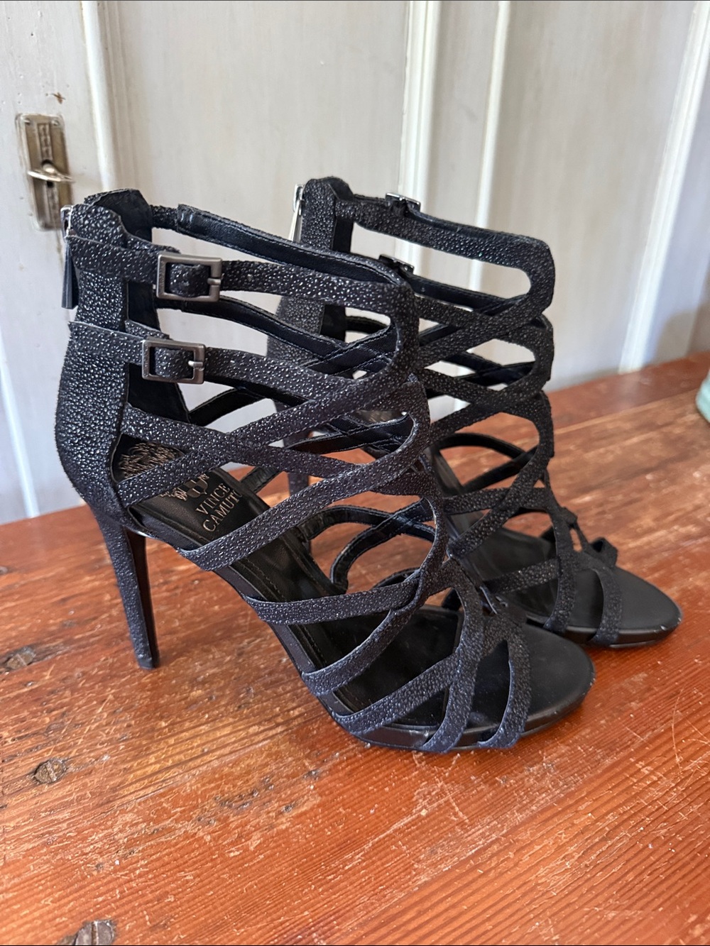 Vince Camuto Black Iridescent Strappy Cage Heels size 8.5